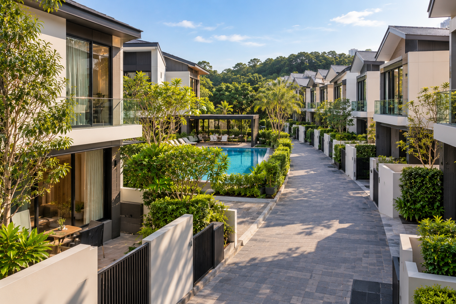 Modern cluster house development in Singapore with shared pool and landscaped walkway, handled by Able S.K Toh cluster house agent