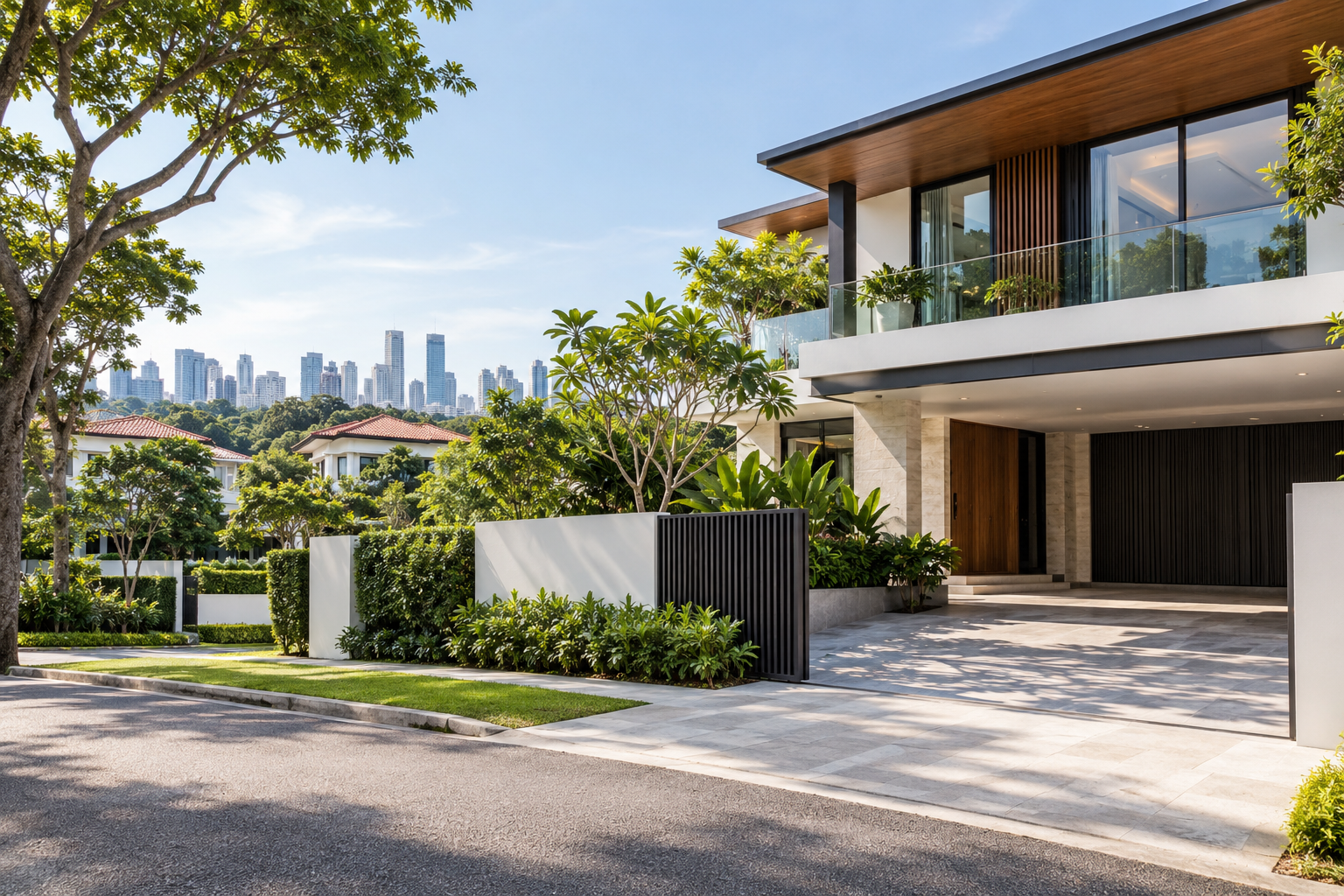 Modern landed home in Singapore with city skyline, handled by Able S.K Toh landed property agent
