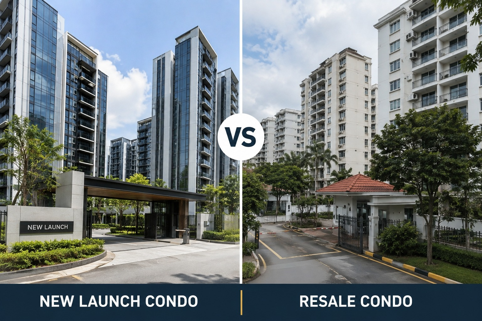 New launch condo towers next to older resale condominium blocks in Singapore with a VS overlay