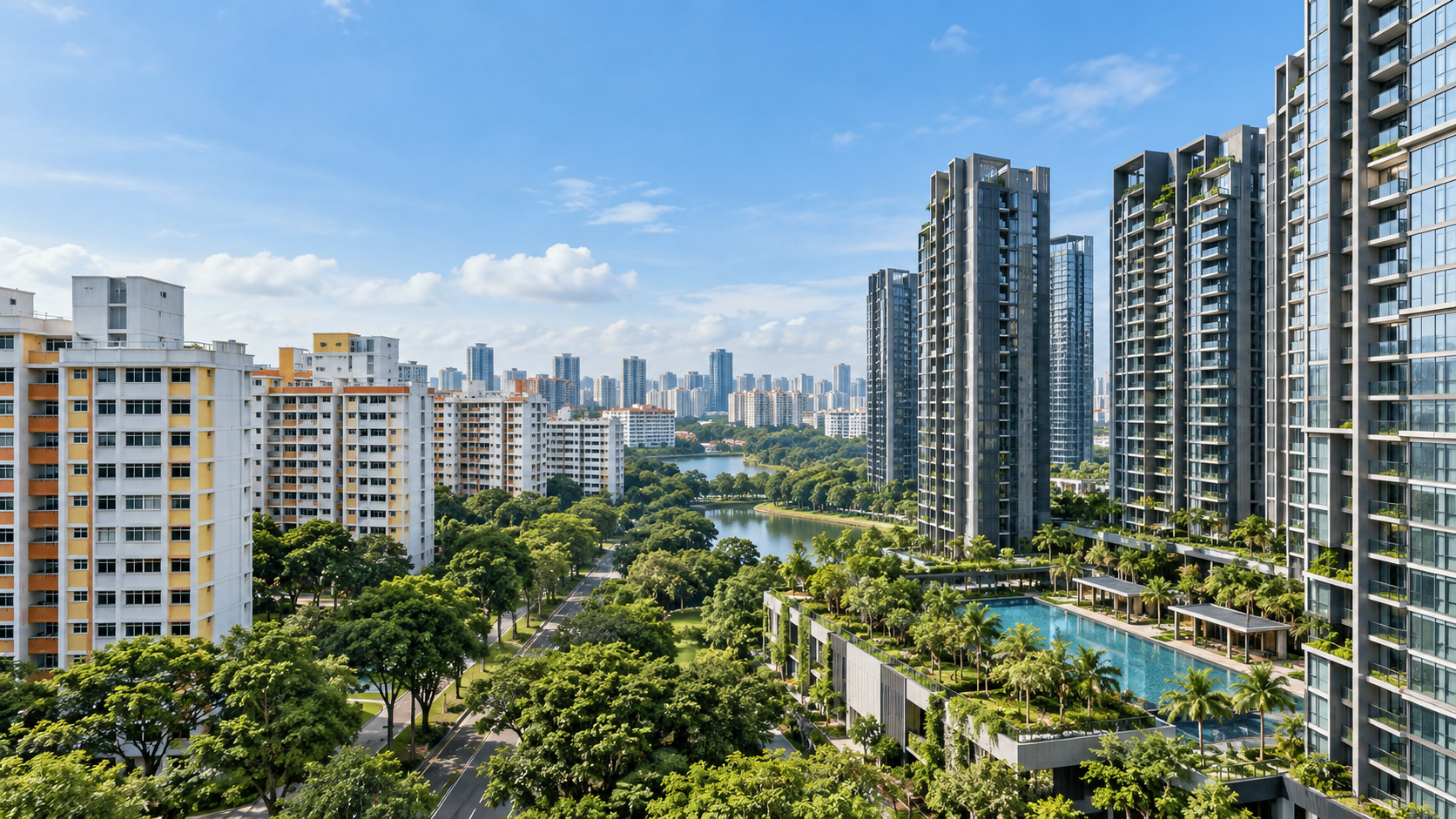 HDB flats and private condominiums in a Singapore housing estate