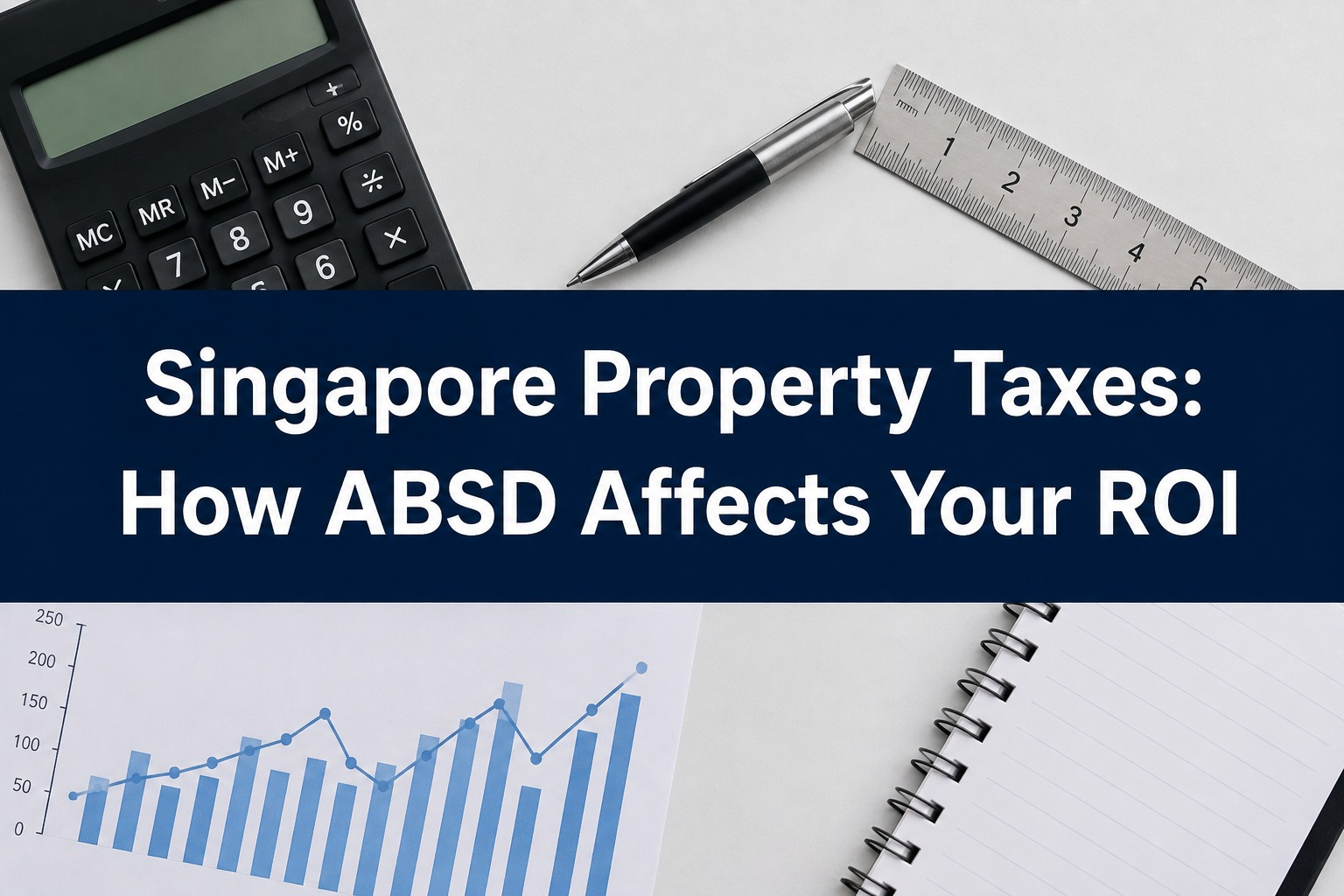 Calculator, pen, ruler, and property charts illustrating Singapore property taxes and ABSD ROI
