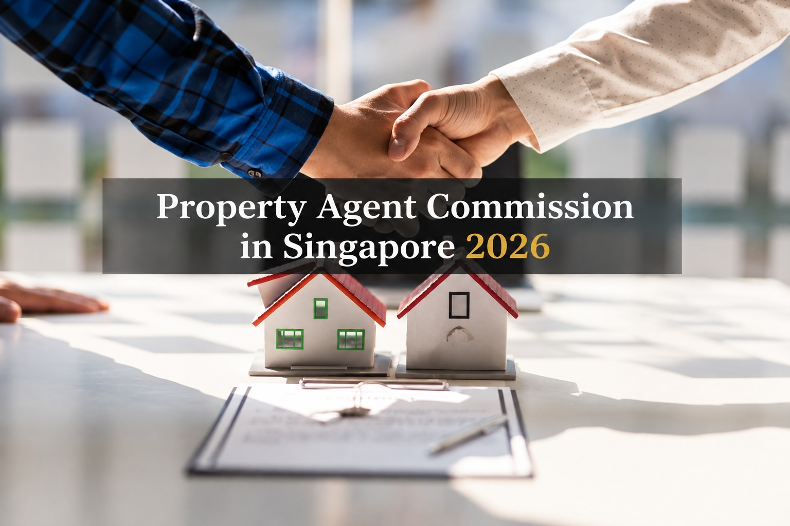 Property agents shaking hands above two model houses with the title Property Agent Commission in Singapore 2026